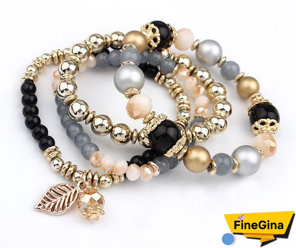 4pcs/set Multilayer Crystal Beads Leave Tassel Bracelets Women Bangles Jewelry