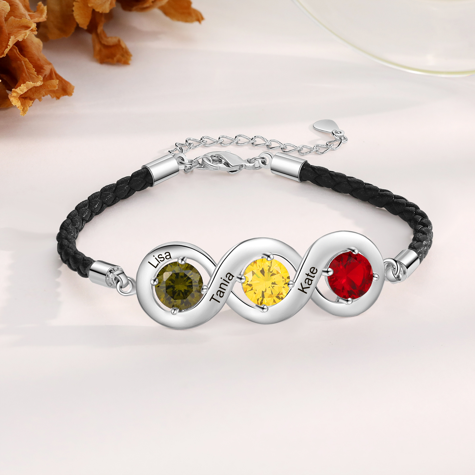 Braccialetto infinito personalizzato con 3 nomi e 3 pietre di nascita regalo per donna