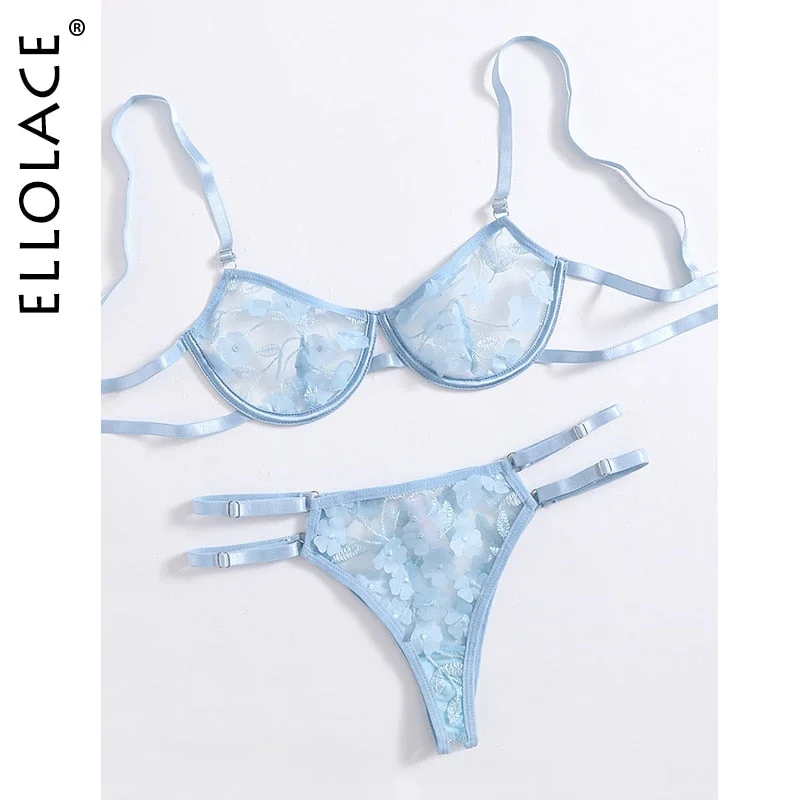 Ellolace Applique Lingerie Set Sky Blue Sensual Lingerie Woman Sky Blue Lace Transparent Bra Set Woman 2 Pieces Underwear Women