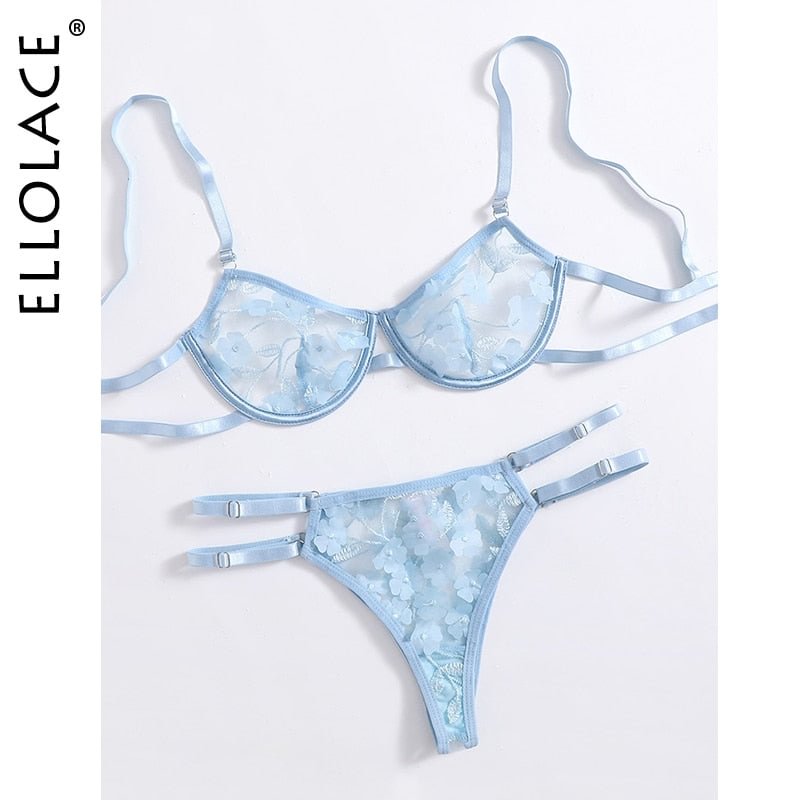 Ellolace Applique Lingerie Set Sky Blue Sensual Lingerie Woman Sky Blue Lace Transparent Bra Set Woman 2 Pieces Underwear Women