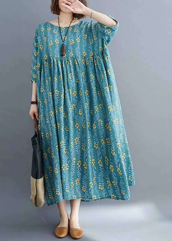 Vintage Green Patchwork Wrinkled Cotton Vacation Long Dresses Summer