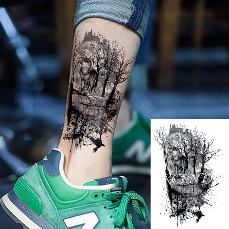 Waterproof Temporary Tattoo Sticker Wolf Crow Bird Forest Tree Black Fake Tatto Flash Tatoo Arm Leg Big Art for Women Men