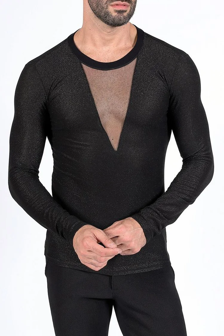 Glitter Patchwork Mesh Slim Fit Casual Top