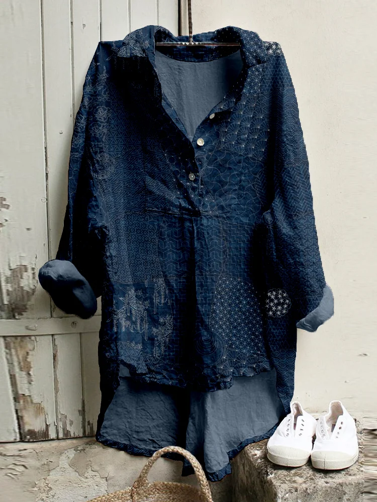 Comstylish Japanese Traditional Sashiko Art Linen Blend High Low Tunic