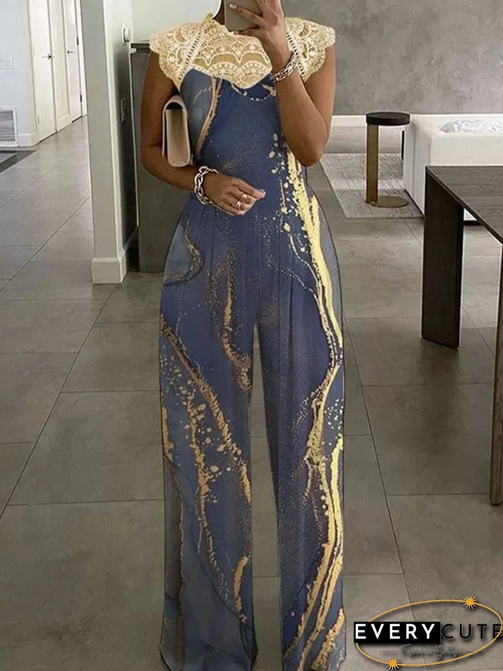 Womens Summer Fashion-Neck Flower Print Jumpsuit-Elegant Short Sleeve Lace Patchwork
