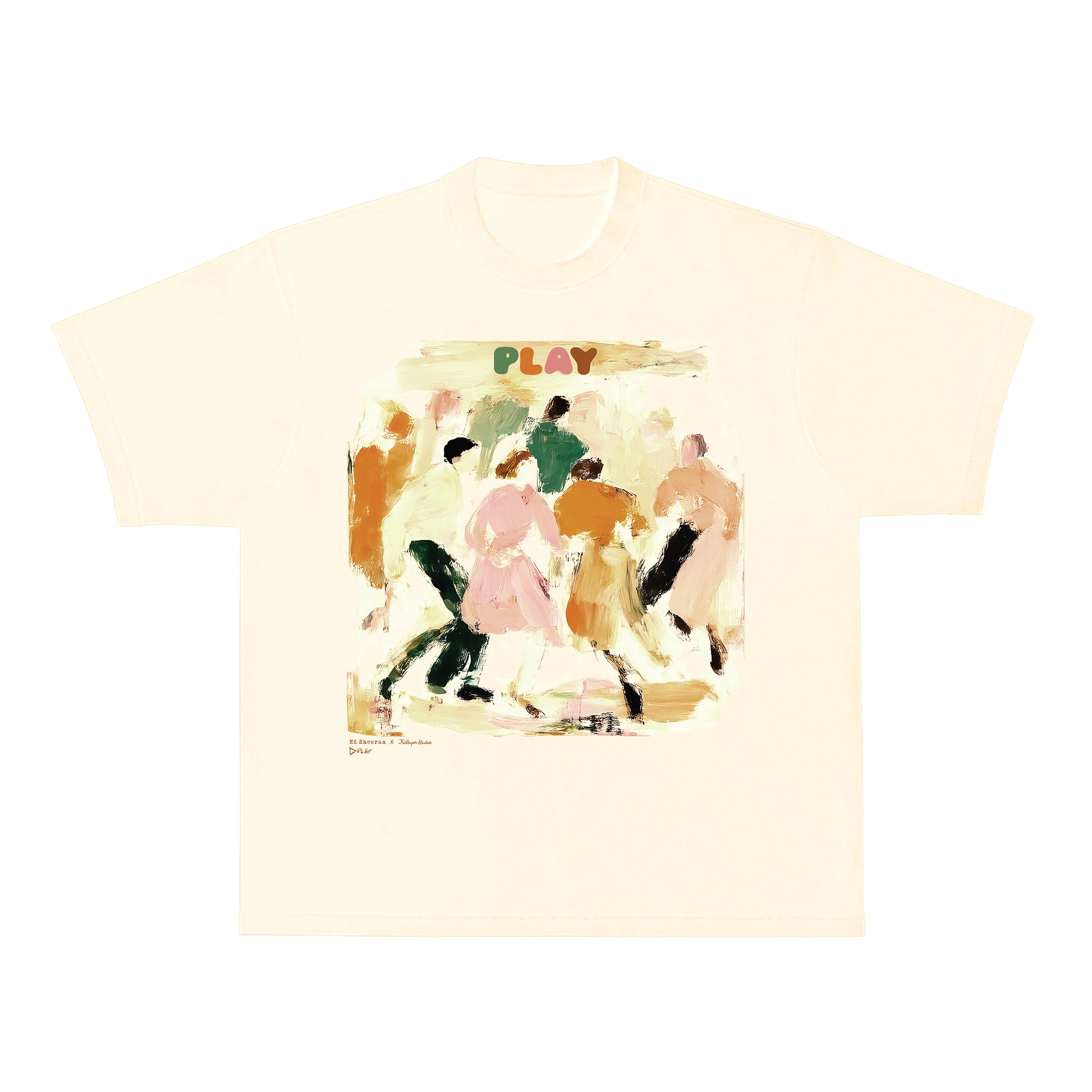 "ed sheeran white play graphic t shirt with painterly artwork"