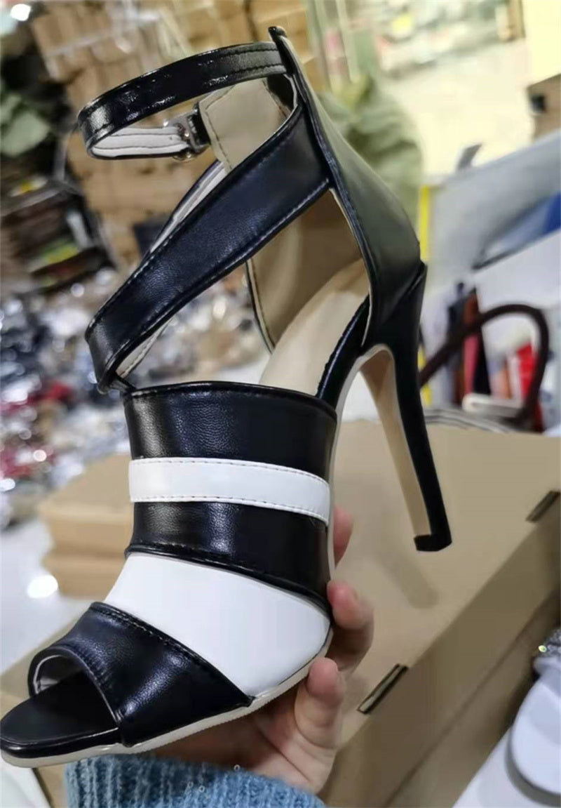 Lady's 2 tones peep toe ankle strap stiletto high heels sandals