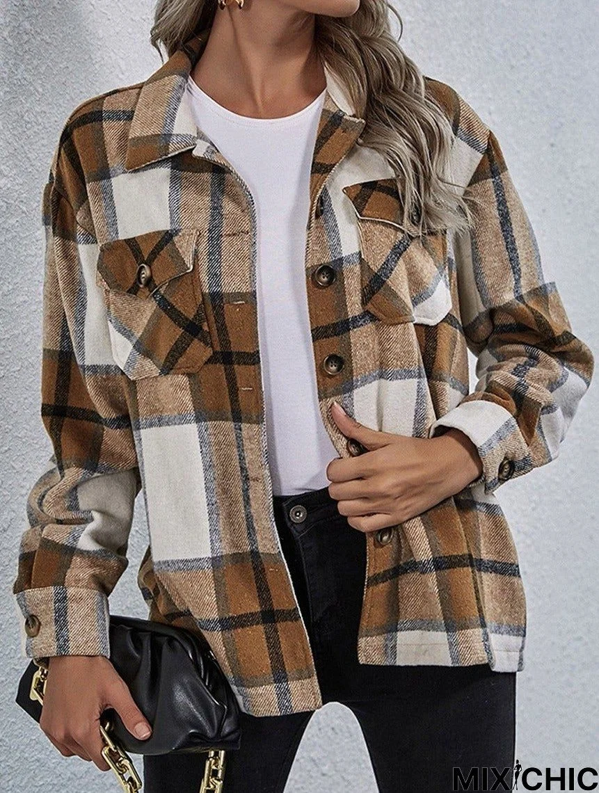 Fall/Winter Woolen Lapel Loose Women's Plaid Jacket