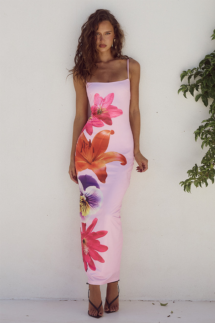 Floral Print Boat Neckline Slim Fit Maxi Strappy Dresses-Pink [Pre Order]
