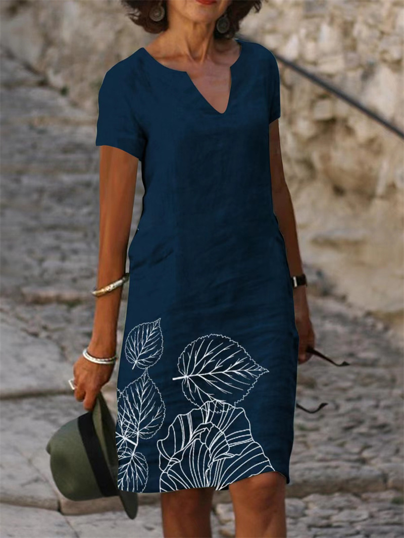 Older Women Floral Printed Cotton And Linen Short Sleeve V-neck Midi Dress
