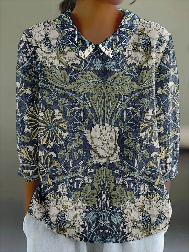 Womens Abstract Artistic Floral Pattern Casual Cotton And Linen Top