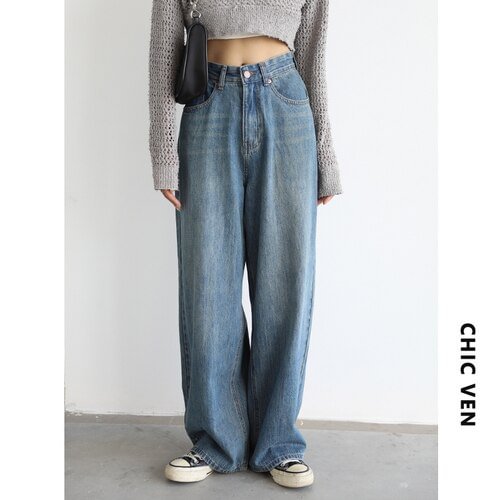 Budgetg VEN Women's Denim Pants Blue Wide Leg Jeans Cotton High Waist Casual Loose Trousers Office Ladies Woman Spring Autumn 2022