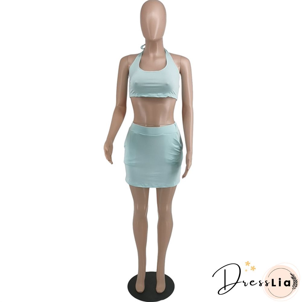 Plus Size Summer Solid Women Square Neck Sleeveless Crop Top+Elastic Waist Mini Skirt 2 Piece Set