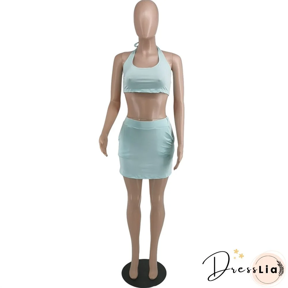 Plus Size Summer Solid Women Square Neck Sleeveless Crop Top+Elastic Waist Mini Skirt 2 Piece Set