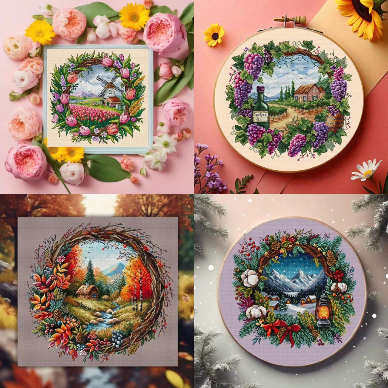 【Fairy Brand】Four Seasons Scenery In The Wreath Full 14CT Pre-stamped Canvas(40*40cm) Egyptian Cotton Cross Stitch
