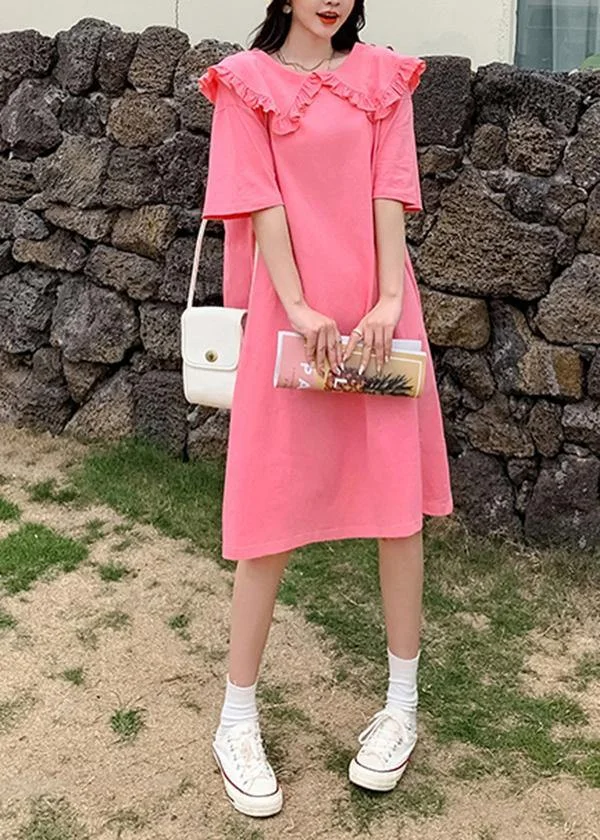 Fitted Pink Peter Pan Collar Loose Long Summer Cotton Dress