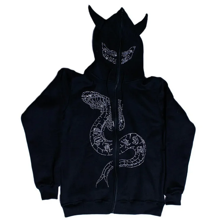 Rhinestone Graphic Snake Streetwear  Full Zip Up Hoodie Coats at Hiphopee