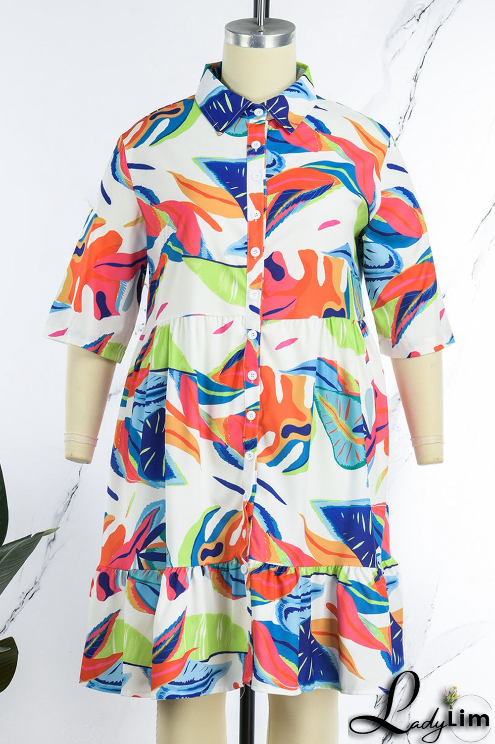 Purple Casual Print Patchwork Fold Turndown Collar A Line Plus Size Dresses