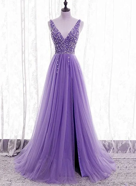 v neck purple beaded prom dresses,long tulle low back prom dresses,formal prom evening dresses