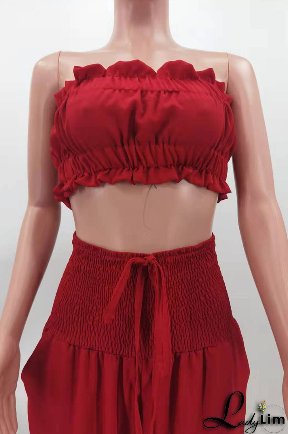 Red Sexy Solid Split Joint Stringy Selvedge Strapless Sleeveless Two Pieces