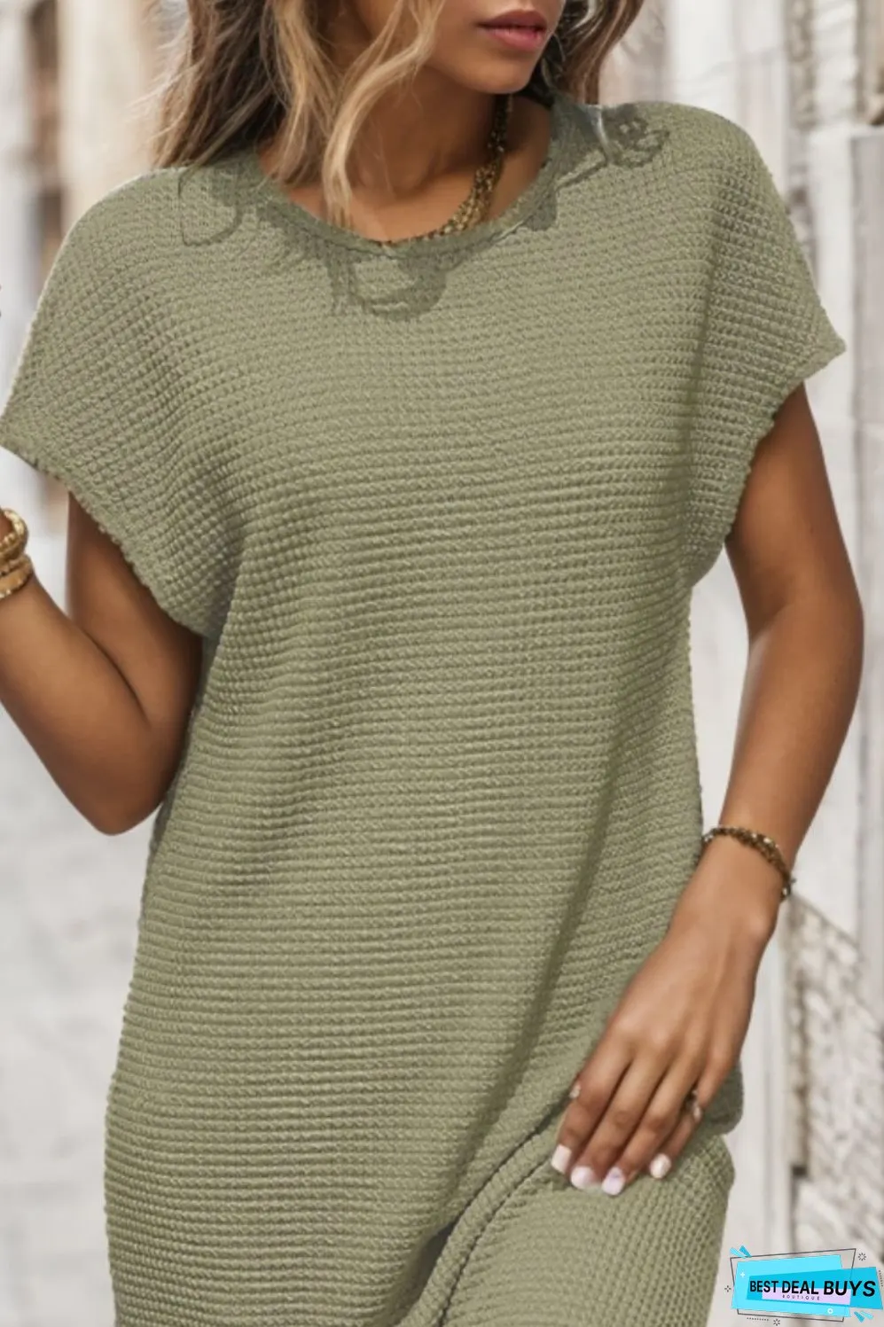 Waffle-Knit Cap Sleeve Knee Length Dress