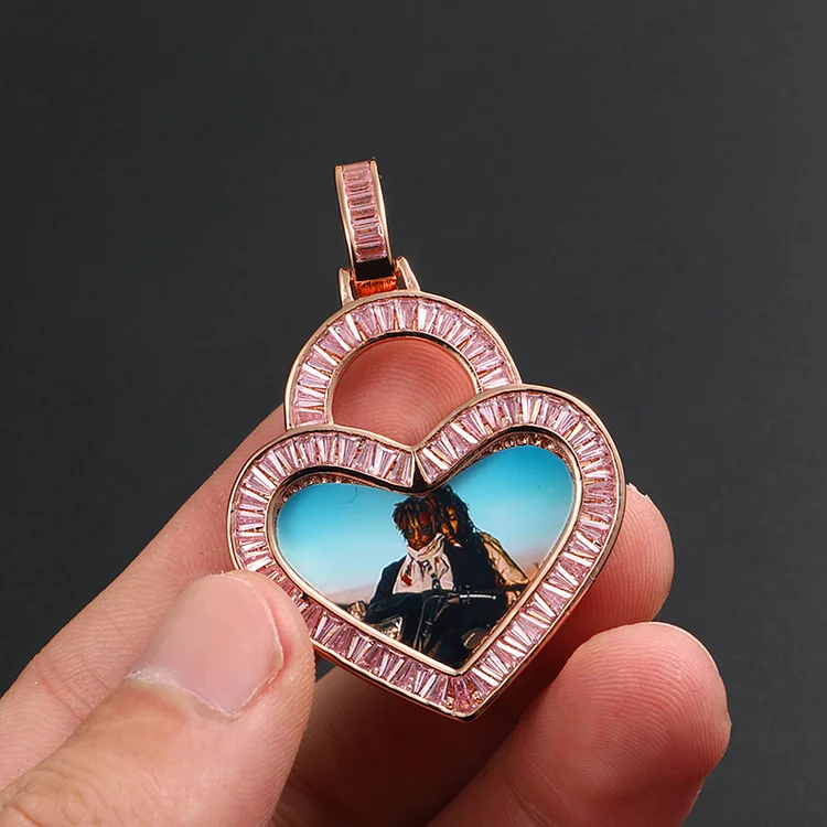Custom Photo Iced Out Baguette Heart Memory Pendant Necklace-VESSFUL