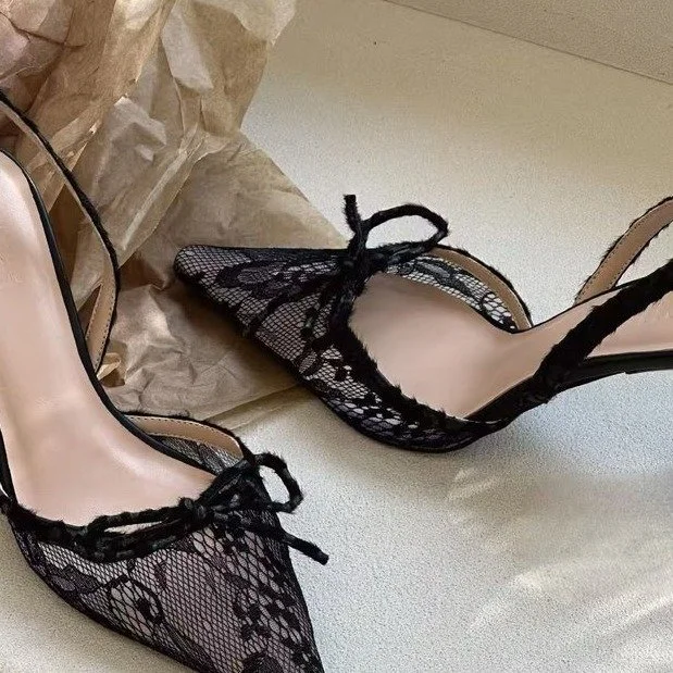 Yyvonne Niche Sexy Hottie Embroidered Lace Bag Sandals Fine Heel Small Square Net Red Bow High Heels Women