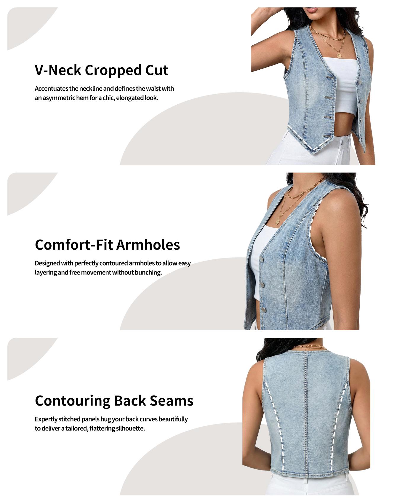 Women's Summer Cropped Slim Denim Vest, Stretch V-Neck Western Country Style Sleeveless Jean Waistcoat Women's Summer Cropped Slim Denim Vest, Stretch V-Neck Western Country Style Sleeveless Jean Waistcoat