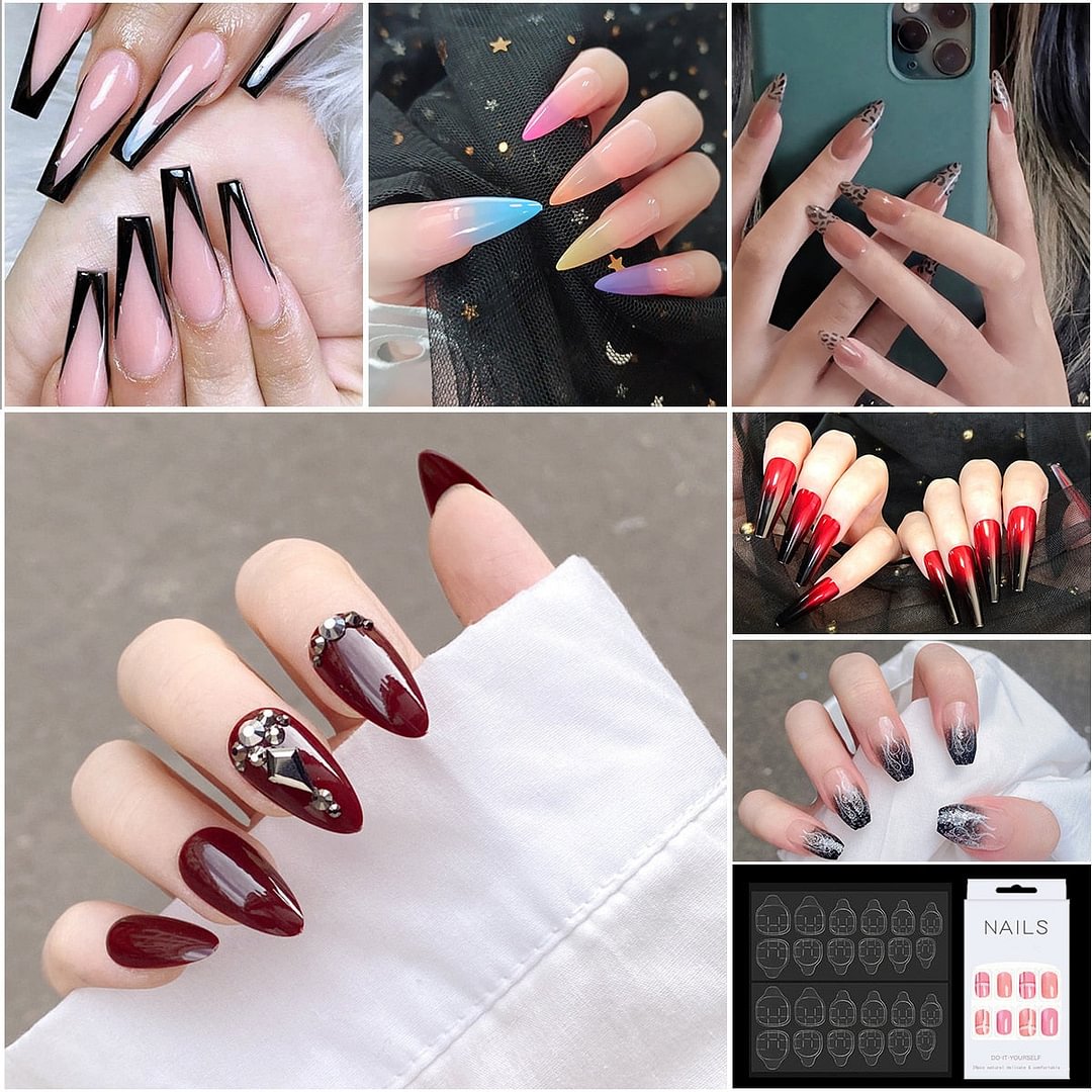 24pcs/set Press on Nail Tips Acrylic 10 Sizes Flower Design Fake Nails Art Full Cover French False Nail Art Tips Artifical Nails