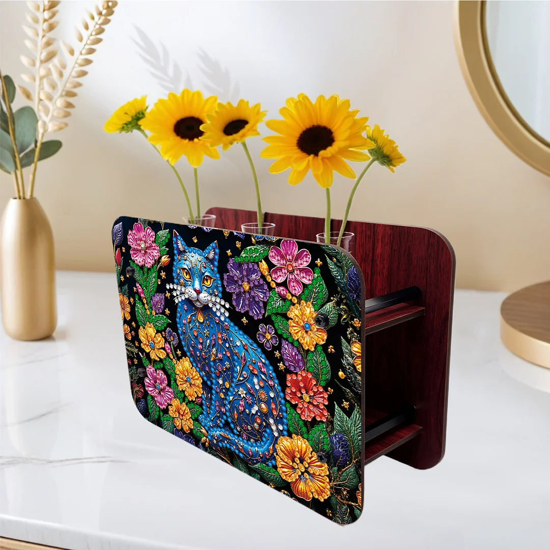 Cat DIY Flower Vase Wooden Double Sided Desktop Diamond Art Kit for Home Decor