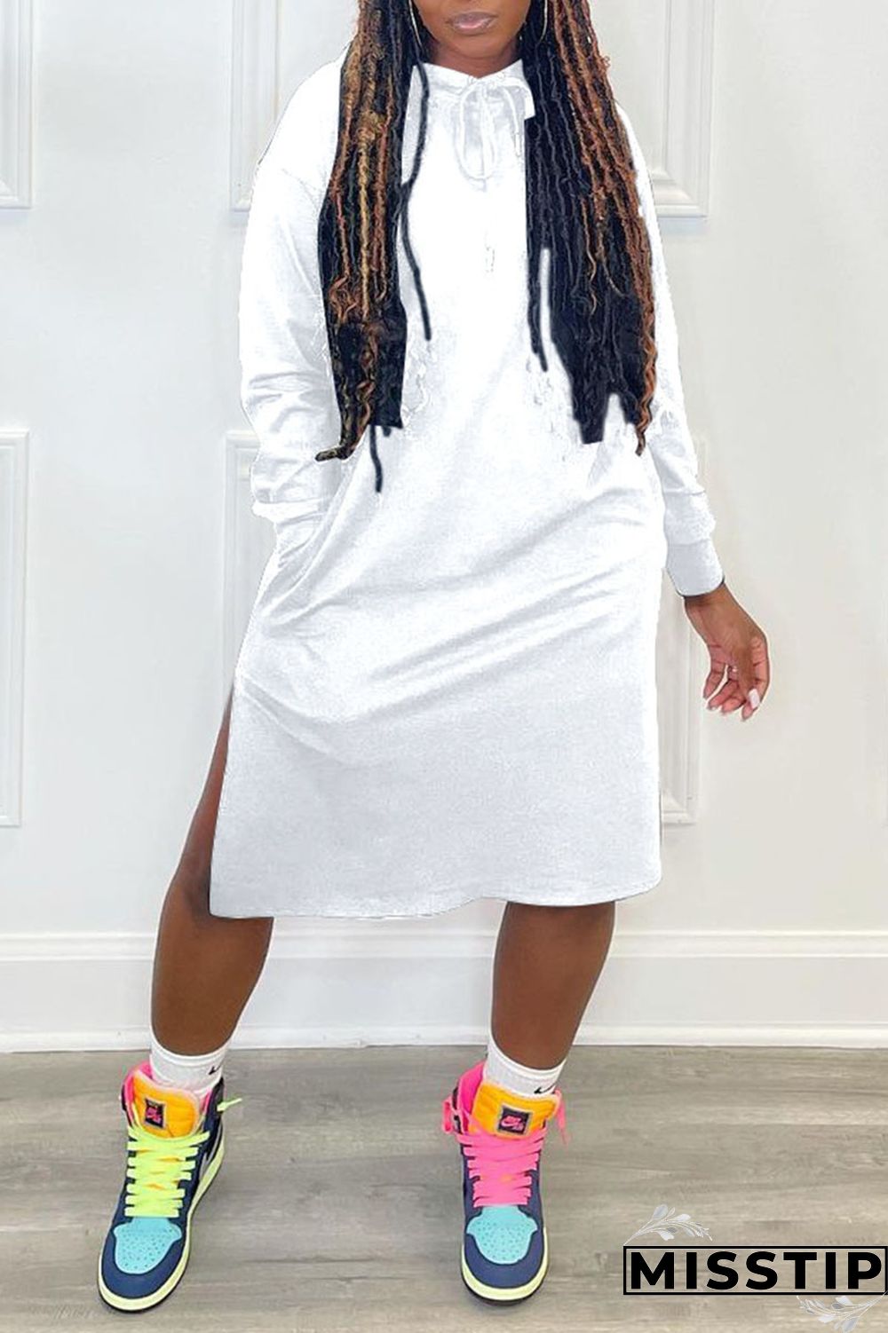 White Casual Solid Patchwork Slit Hooded Collar Straight Dresses