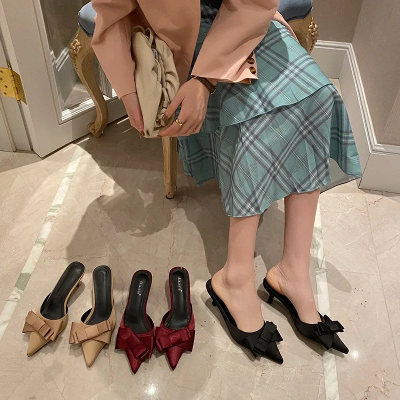 2021 New Semi-trailer Women Wear Fine-heeled Pointy Fashion Joker Bow High-heeled Slippers