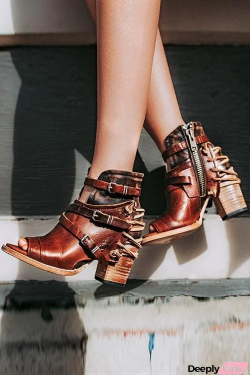 Buckle Peep Toe Chunky Heels Boots