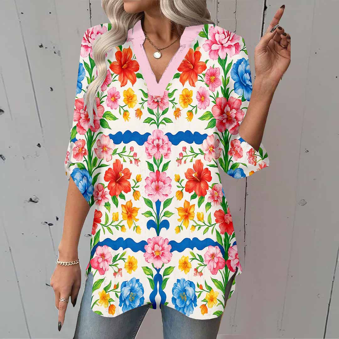 Women Floral, Plaid, Blue, Red DZGA0157 3/4 Sleeve V-neck Printed Graphic Button Tops