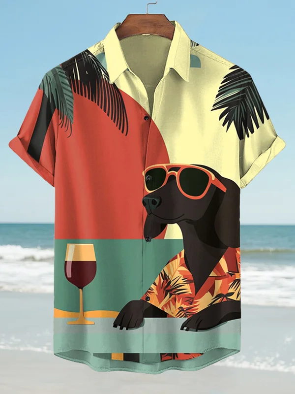 Men's Dachshund Dog Drinking Red Wine At The Seaside Holiday Art Print Shirt