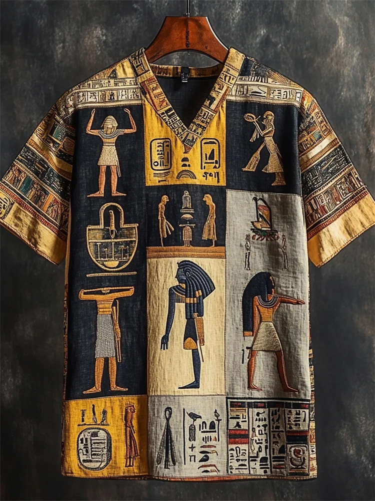 Ancient Egyptian Ethnic Embroidered Colorblock Linen Shirt