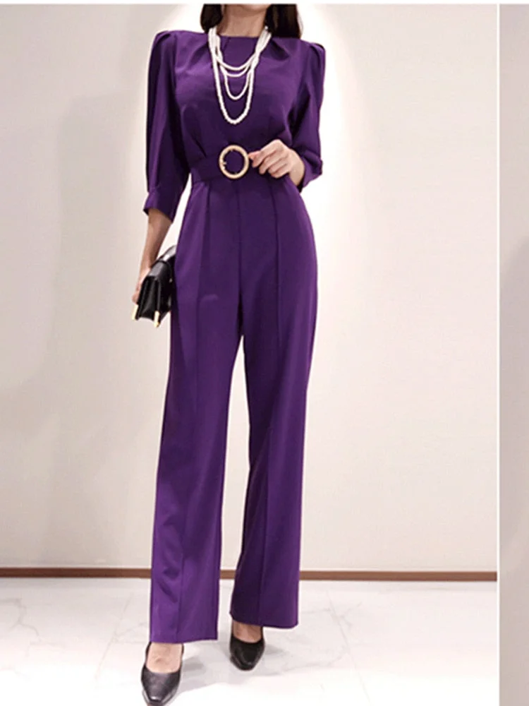 Spring Women Fashion Elegant Office Workwear Casual Jumpsuits  Long Pants Jumpsuits Romper With Belt