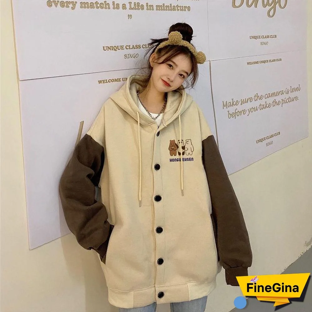 Harajuku Print Letter Zip Up Hoodies Oversized Women Sweatshirt Streetwear Female Plus Size Korean Clothes Chic Bear Loose Tops