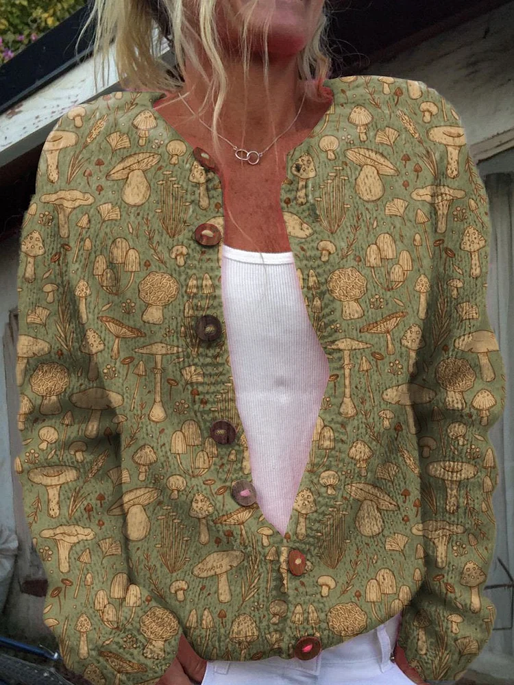 Wild Mushroom Pattern Printed Buttoned Cardigan Sweater