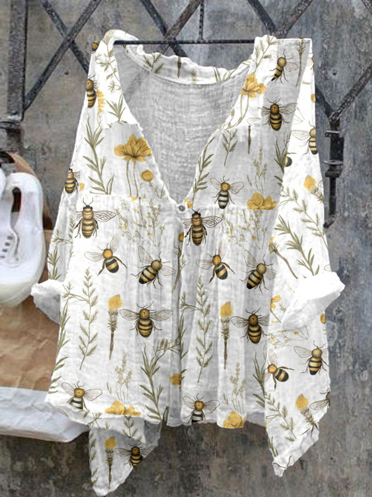 Comstylish Floral Bee Pattern Ladies Casual Cotton Linen Shirt