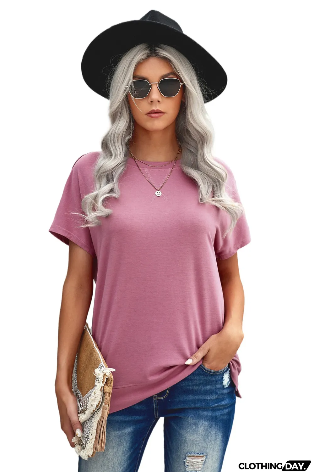 Pink Round Neck Short Sleeve Solid Color Tee