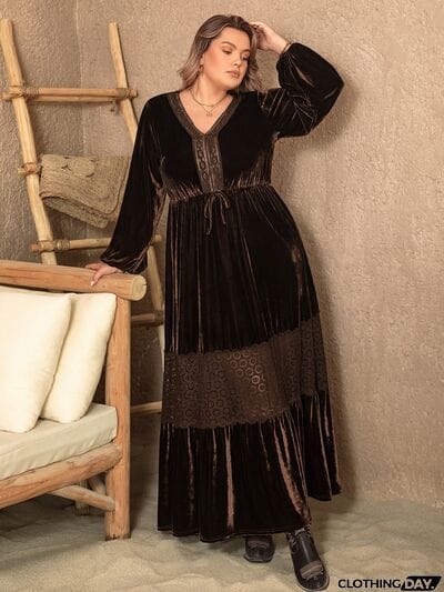 Plus Size V-Neck Balloon Sleeve Maxi Dress