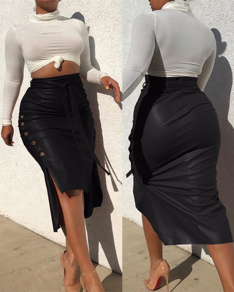 Slim mid-length skirt with split hips and PU skirt