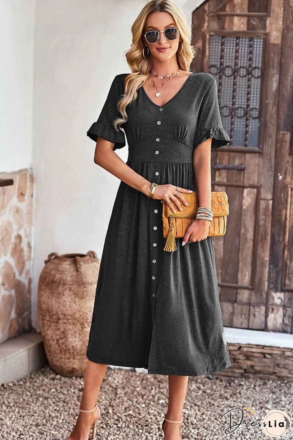 Gathered Detail Buttoned V-Neck Midi Dress