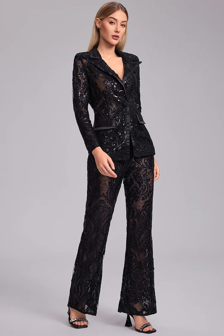 Lace Mesh Sequin Embroidered Two Piece Pant Set-Black