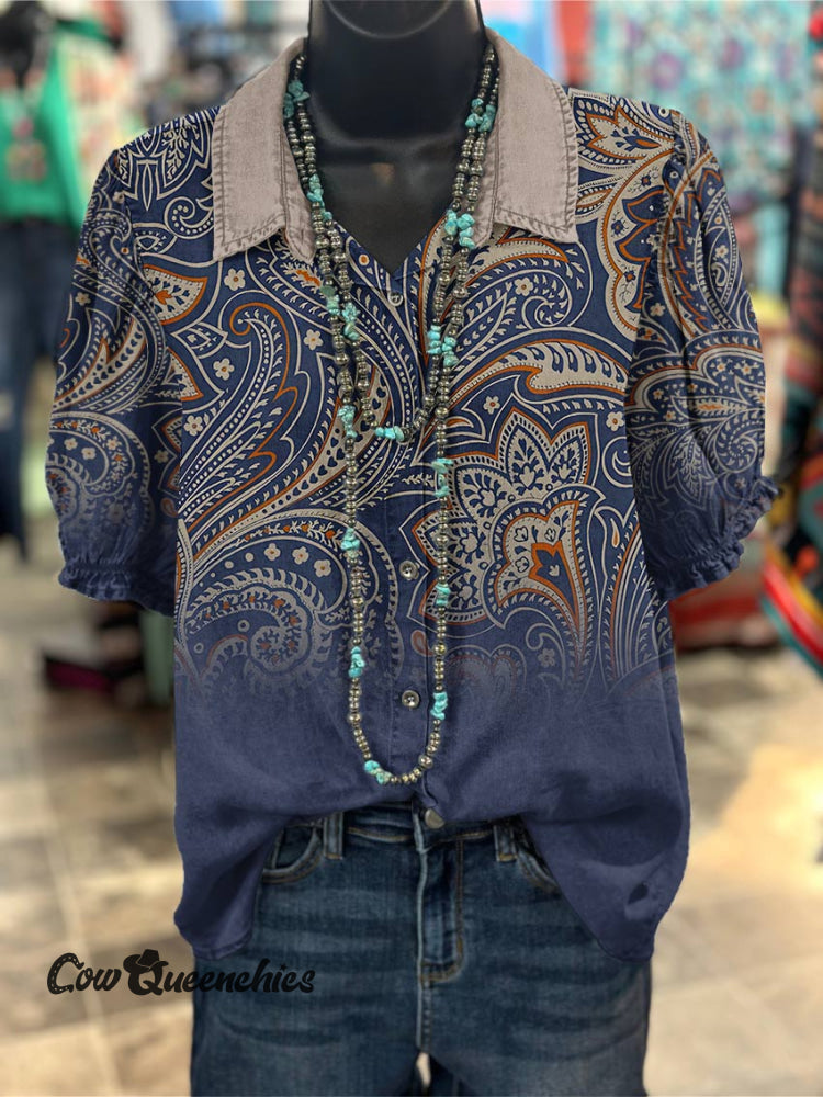 Women’s Blue Paisley Print Casual Cotton Shirt Multicolor / S