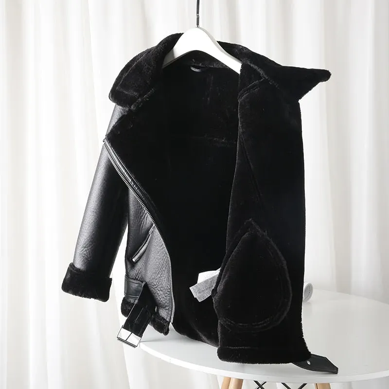 Ailegogo New 2021 Winter Women Sheepskin Coat Streewear Thick Warm Pu Faux Lamb Leather Jacket with Belt Loose Oversized Outwear