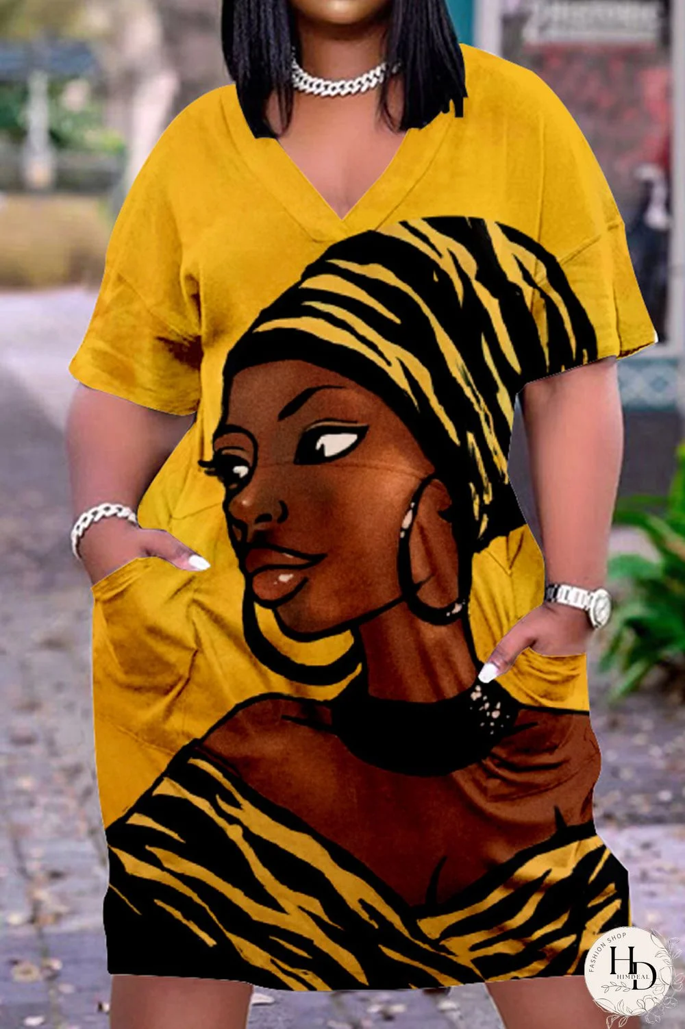 Shallow Yellow Fashion Casual Print Basic V Neck Short Sleeve Dress