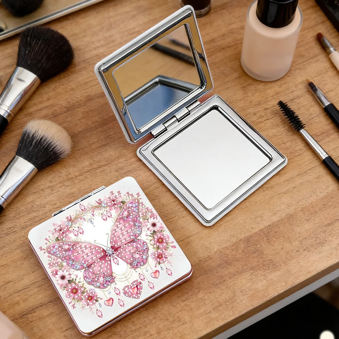 Pink Butterfly DIY Special Shaped Diamond Painting Compact Mirror Kits Diamond Art Painting Pocket Mirror for Beginners Adults Art Craft Woman Gifts