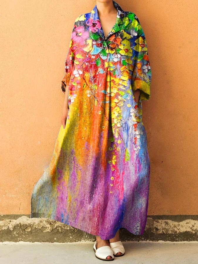 Vintage Colorful Floral Print Shirt Collar Long Sleeve Loose Dress